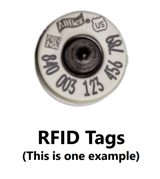 A white circular button tag with the number that starts with 840.